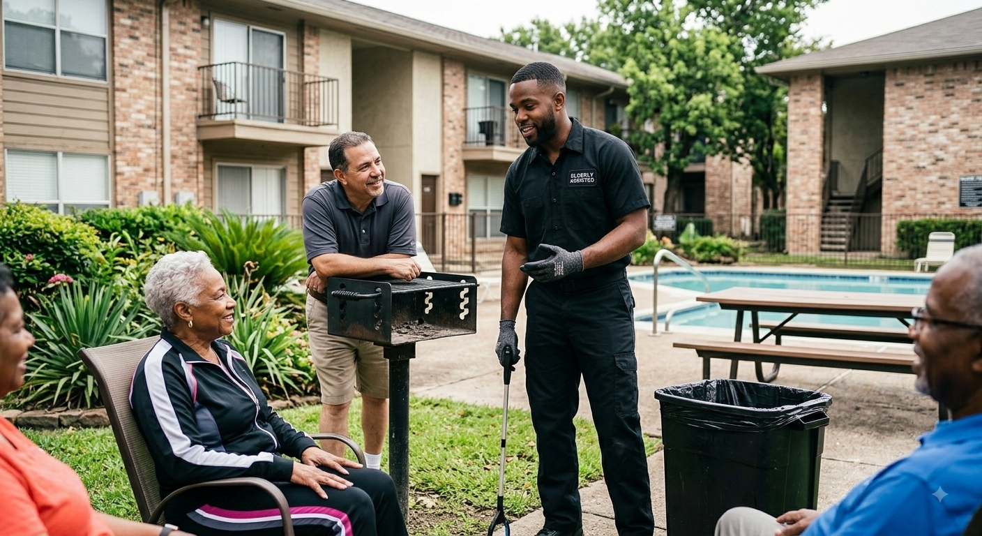 Trust Behavior LLC technician conducting an off-day property inspection, engaging with residents at a multifamily complex
