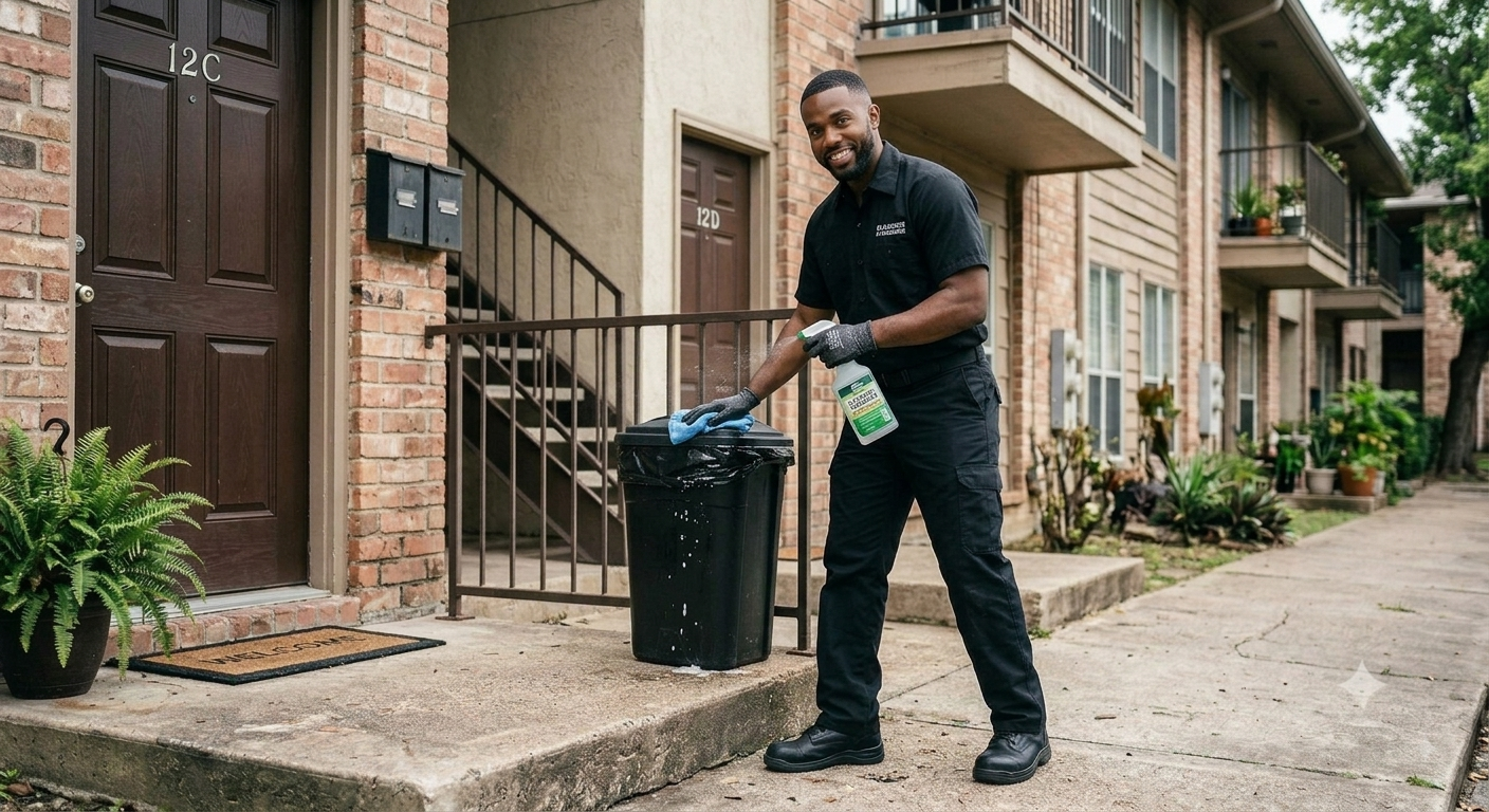 Trust Behavior LLC technician sanitizing and disinfecting a residential trash bin with cleaning solution