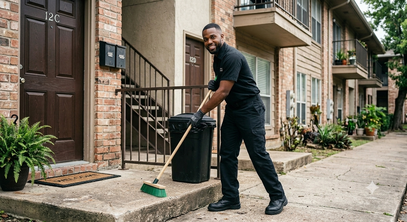 Trust Behavior LLC technician sweeping and cleaning the doorstep area after trash collection