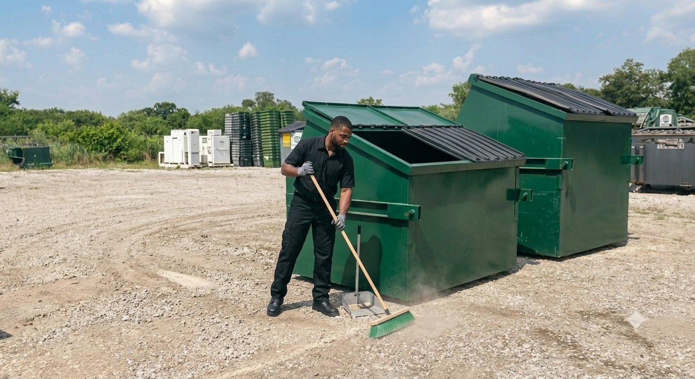 Trust Behavior LLC technician sweeping and maintaining the dumpster enclosure area at a residential property