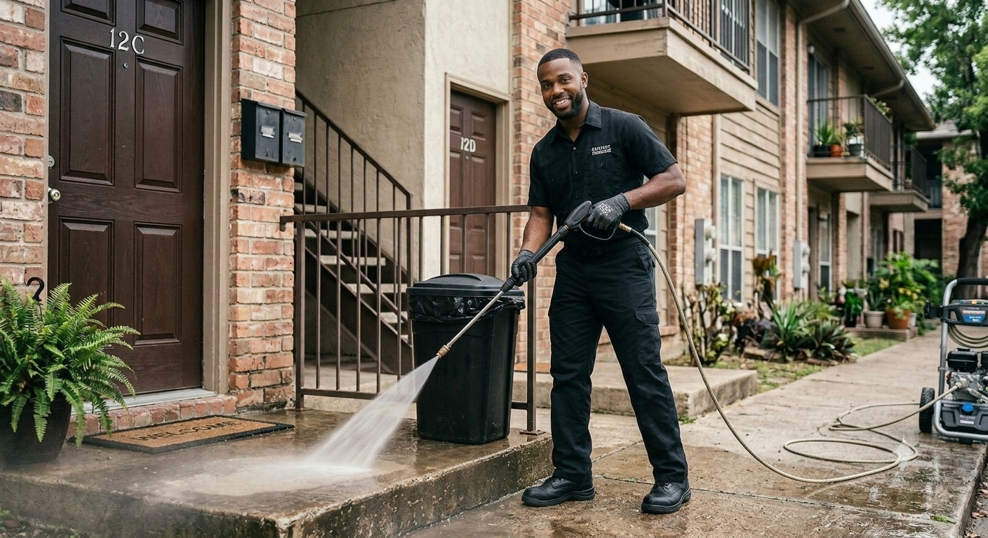 Trust Behavior LLC technician pressure washing the walkway and trash area at a residential apartment complex