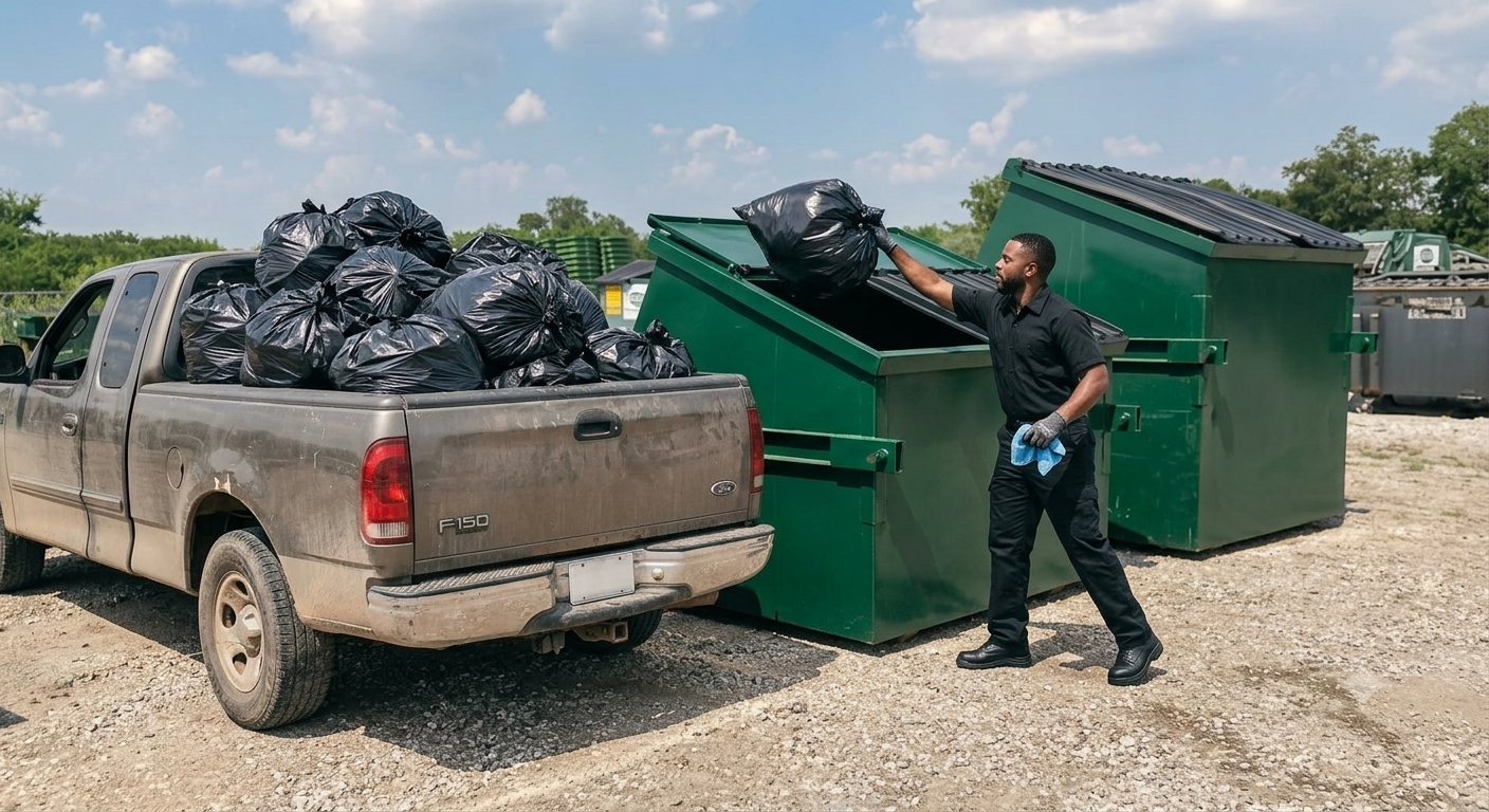 Trust Behavior LLC technician transporting and depositing collected trash bags into a commercial dumpster